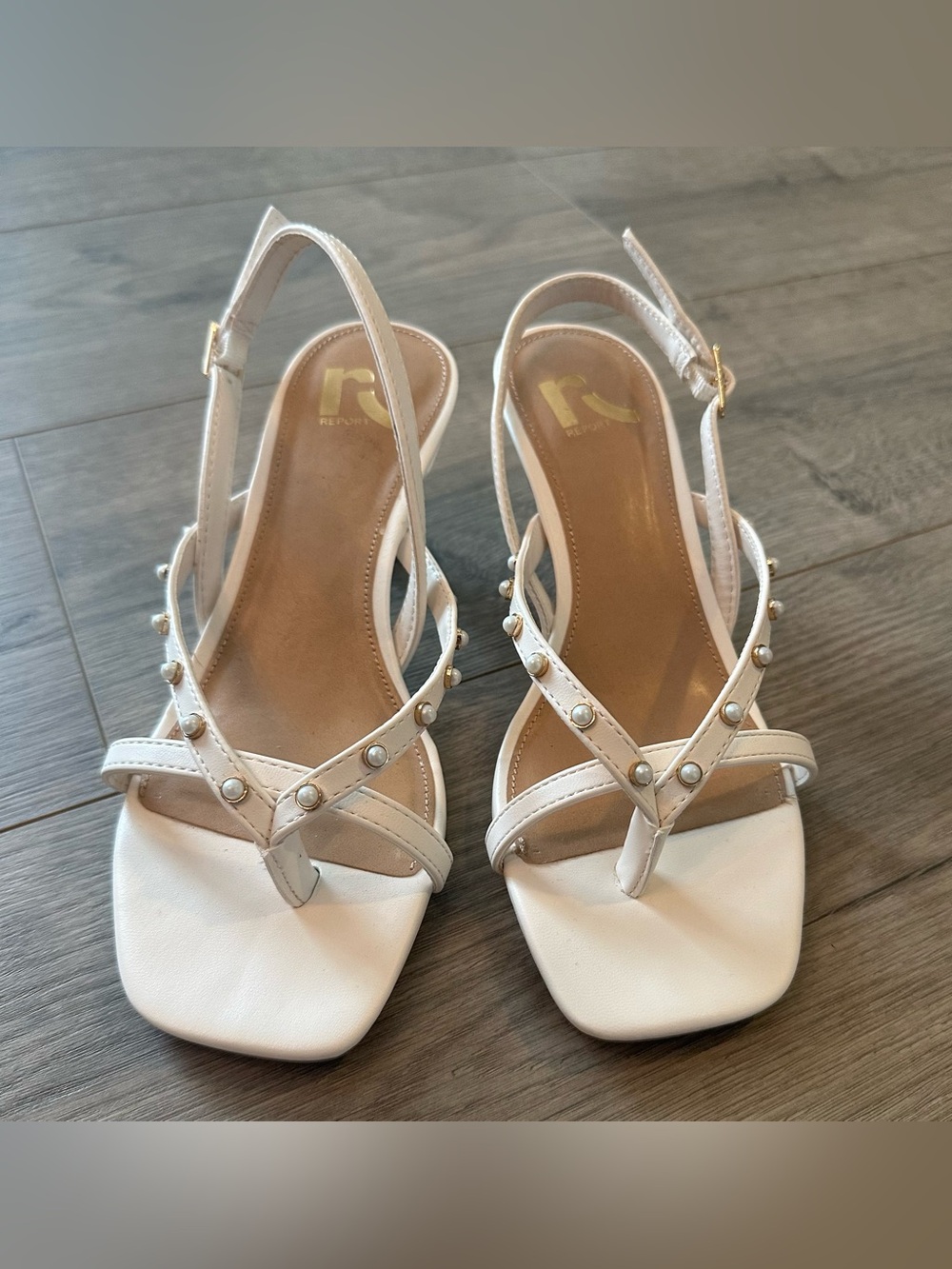6 Vienna report cream pearl golden kitten heel sandals strapped pearl wedding - Picture 8 of 10